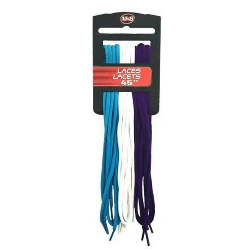 3 pack of round laces, 45" long, with one blue, one white and one purple