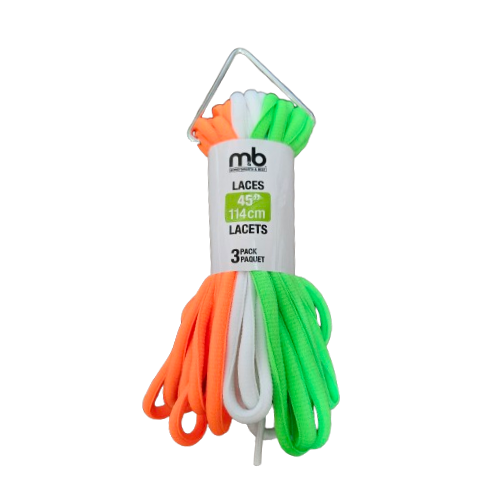 3 pack of round laces, 45" long, neon colors with one orange, one white and one green