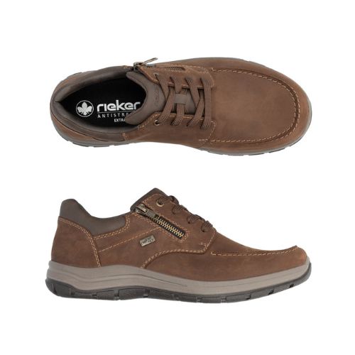 03601 Sneaker in rich brown leather, featuring side zipper and lace-up design, with contrasting stitching detail and durable rubber sole. Top and side view showing waterproof construction and moccasin-style toe with Rieker branding visible on insole.