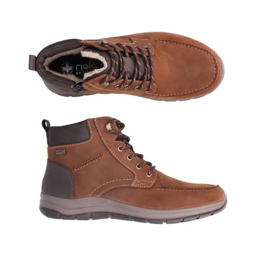 Top and profile view showing the brown waterproof high top mens boots with dark brown laces tongue. The heel and cuff have a dark brown accent. Light stitching accents with a light grey midsole and dark black outsole.  Inside zipper can be seen