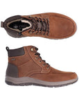 Top and profile view showing the brown waterproof high top mens boots with dark brown laces tongue. The heel and cuff have a dark brown accent. Light stitching accents with a light grey midsole and dark black outsole.  Inside zipper can be seen