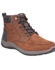 Brown waterproof high top mens boots with dark brown laces tongue. The heel and cuff have a dark brown accent. Light stitching accents with a light grey midsole and dark black outsole. 