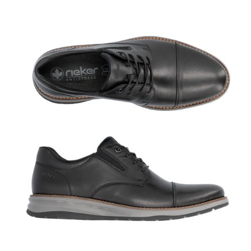 14701 Lace-Up Sneaker shown from top and side view angles in black genuine leather with cap toe detail, grey rubber sole, and brown contrast stitching. Features sleek modern design combining dress shoe elegance with sneaker comfort.