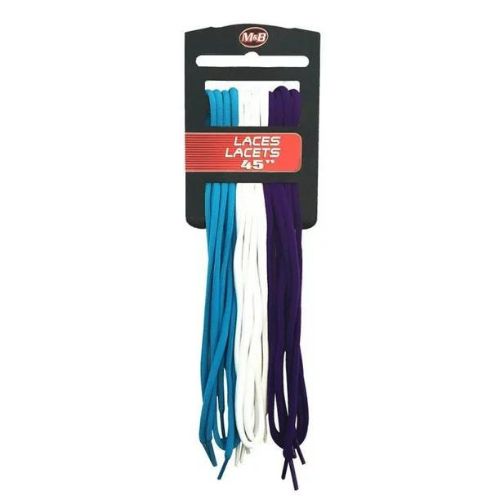 3 pack of round laces, 45" long, with one blue, one white and one purple