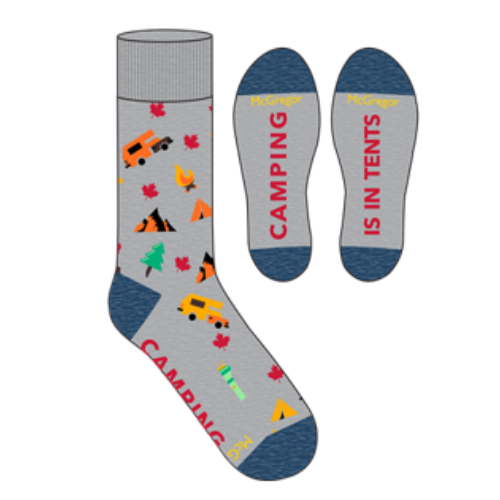 Light grey heather socks with campers, fires and camping related items. Bottom of socks say "camping" and "in tents" with navy heel and toe.