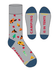 Light grey heather socks with campers, fires and camping related items. Bottom of socks say "camping" and "in tents" with navy heel and toe.