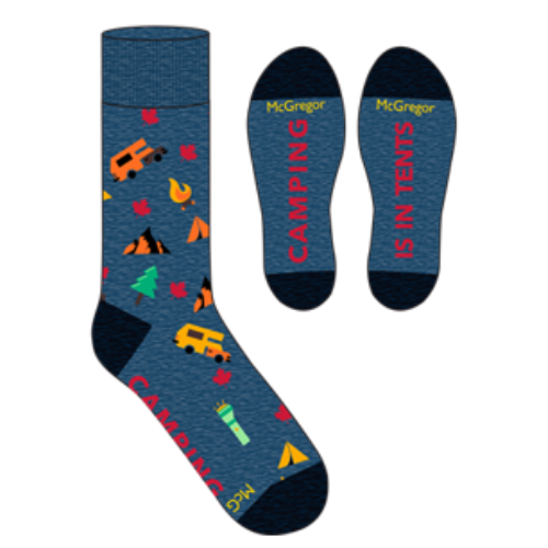 Medium denim heather socks with campers, fires and camping related items. Bottom of socks say "camping" and "in tents" with black heel and toe.