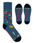 Medium denim heather socks with campers, fires and camping related items. Bottom of socks say "camping" and "in tents" with black heel and toe.