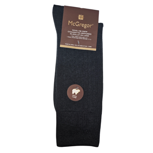 Black wool rib crew socks folded in brown package