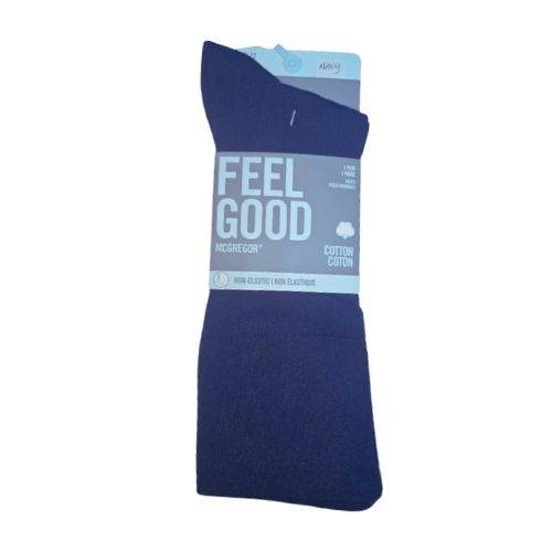 Navy blue men's cotton socks with a non-elastic, circulation-boosting design and seamless toe.