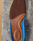 Contoured leather insole of Whiddon Apron dress shoe, featuring Clarks branding. 