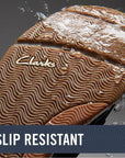 Outsole of Clarks Sailview shoe being splashed with water with the caption "slip resistant."