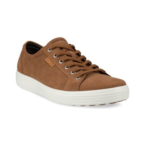 A light brown nubuck casual sneaker with a white midsole and brown outsole. A brown leather tag near the laces show the Ecco logo. 