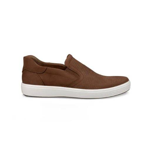 Profile of an Ecco brown perforated nubuck slip-on with a white midsole.