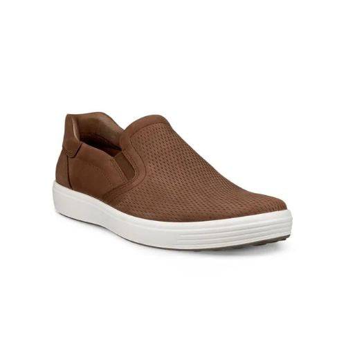 An Ecco brown perforated nubuck slip-on with a white midsole.