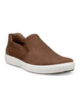 An Ecco brown perforated nubuck slip-on with a white midsole.