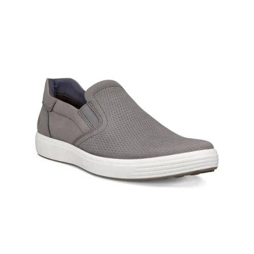 An Ecco grey perforated nubuck slip-on with a white midsole.