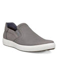 An Ecco grey perforated nubuck slip-on with a white midsole.