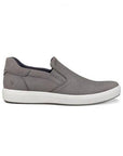 An Ecco grey perforated nubuck slip-on with a white midsole.