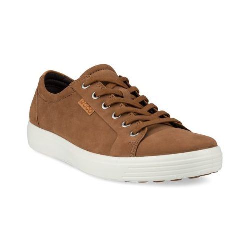 Soft 7 Lace-Up in Camel. Tan brown nubuck upper with a white midsole and brown outsole. Laces are tan. A small brown leather tag near the laces features the Ecco logo. 