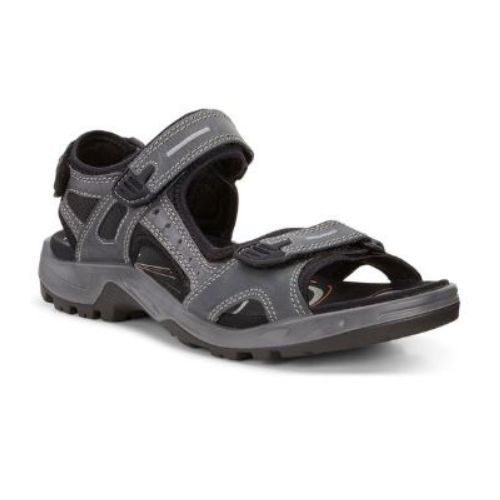 An Ecco Yucatan blue/grey nubuck sandal with black accents on velcro heel, instep and toe straps. Footbed and outsole are black, midsole is grey/blue.