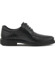 Profile of black lace oxford dress shoe with detailed stitching and a low heel.