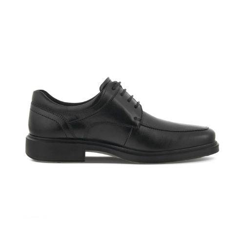 Profile of black lace oxford dress shoe with detailed stitching and a low heel.