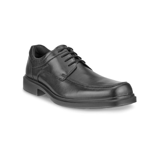 An Ecco black leather Oxford dress shoe with a square toe and apron toe stitching. 