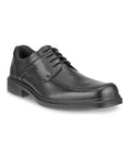 An Ecco black leather Oxford dress shoe with a square toe and apron toe stitching. 