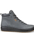 An Ecco sneaker boot with magnet grey leather uppers, grey laces, and a black outsole. Gore-tex logo embossed on side.