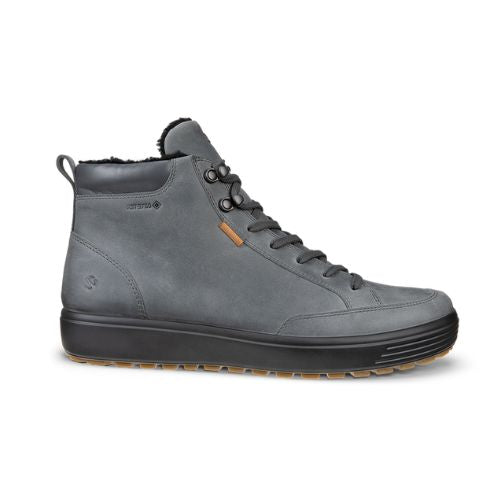 An Ecco sneaker boot with magnet grey leather uppers, grey laces, and a black outsole. Gore-tex logo embossed on side.