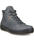 An Ecco sneaker boot with magnet grey leather uppers, grey laces, and a black outsole. 