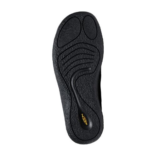 Textured black rubber outsole of the Howser III Slide Clog in Grey. Yellow KEEN logo is at the heel. 