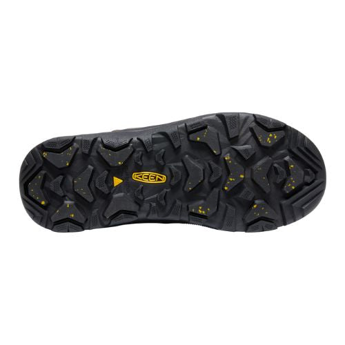 Black rubber outsole with deep tread. Yellow KEEN logo is in the center. 