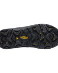 Black rubber outsole with deep tread. Yellow KEEN logo is in the center. 