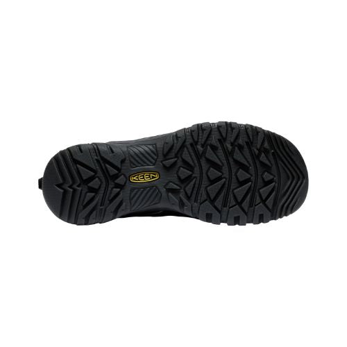 Black rubber outsole with tread and yellow KEEN logo in the center.