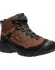 Mid-height hiker boot with brown and black nubuck upper. Laces are brown, outsole is black. 