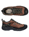 Top and side view of Targhee IV Hiking Shoe. Rubber outsole is built up around the toe for extra durability. Insole is beige with printed lettering. 