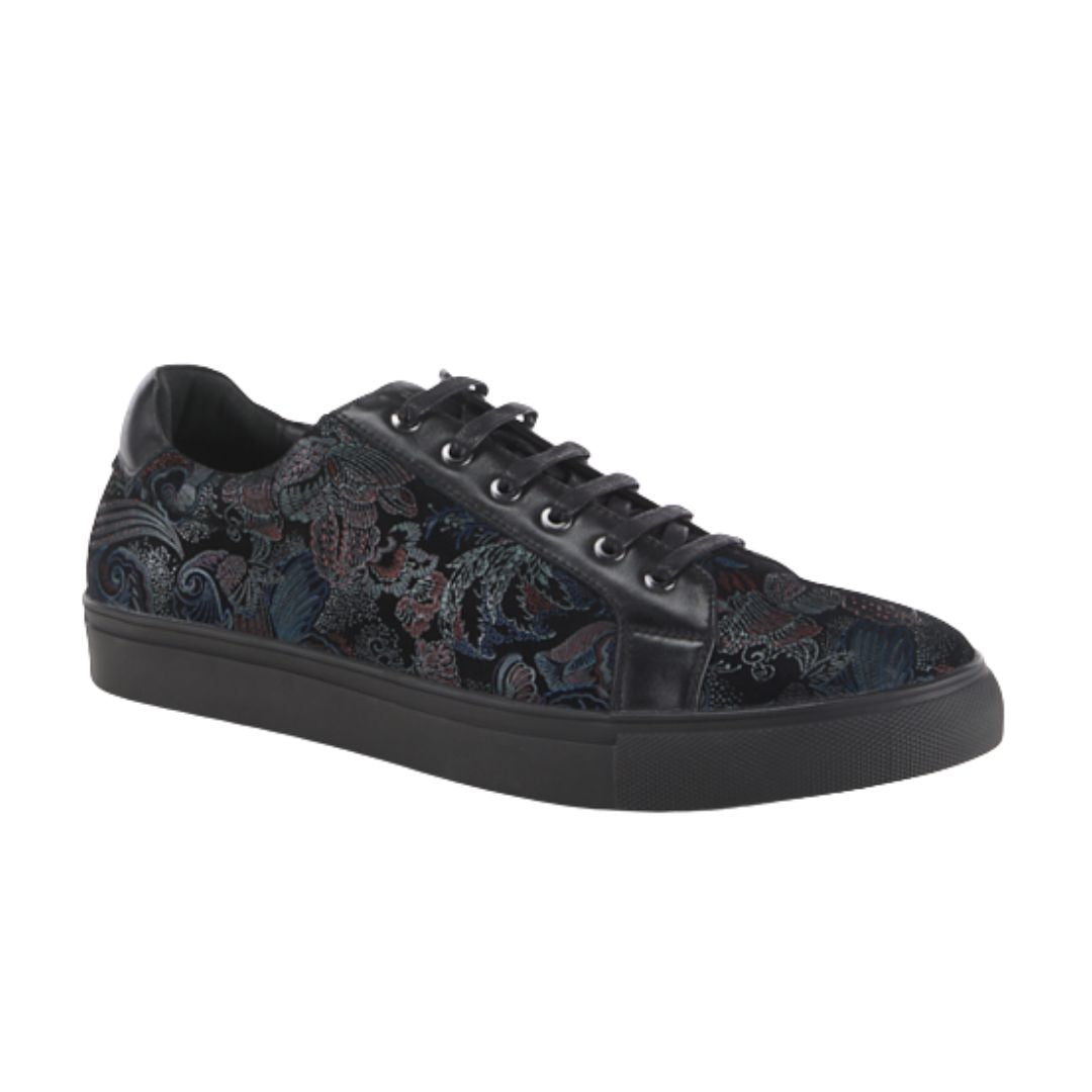 Black lace-up shoe with a multicoloured paisley print upper, a black outsole, and black laces. 