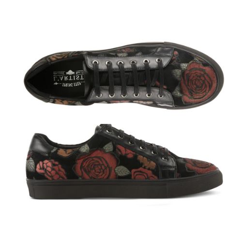 Top and side view of Ander Rose lace-up sneaker. L&#39;Artiste logo is printed on the insole. 