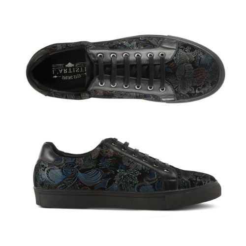 Top and side view of Ander Floral sneaker. L&#39;Artiste logo is printed on the insole. 