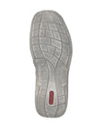 Bottom view of 03030 Slip-On Lace Sneaker showing textured rubber outsole with geometric tread pattern, featuring durable grip design and flexible construction in light gray color