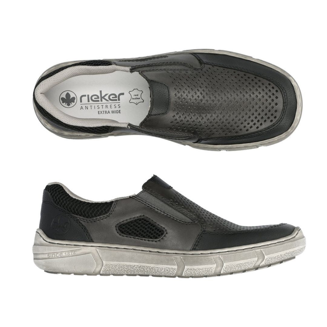 04051 Slip-On Shoe in black leather with perforated design, featuring dual side elastic goring, lightweight construction, and durable rubber outsole. Top and side view showing orthotic-friendly removable foam insole and distressed-look rubber sole with gray accents.