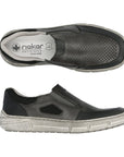 04051 Slip-On Shoe in black leather with perforated design, featuring dual side elastic goring, lightweight construction, and durable rubber outsole. Top and side view showing orthotic-friendly removable foam insole and distressed-look rubber sole with gray accents.