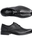 Black leather dress shoe with lace closure and Rieker logo imprinted on side. Rieker logo on insole.