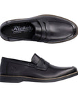 Men's black leather penny loafer dress shoe. Rieker logo on insole.