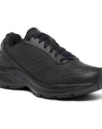 Black Integrity ST2 shoe by Saucony has rugged running shoe look with Black laces and a swoosh image on side