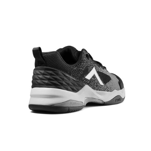 Black and gray pickleball shoes with geometric patterns, breathable upper, and white sole viewed from the back left angle.