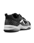 Black and gray pickleball shoes with geometric patterns, breathable upper, and white sole viewed from the back left angle.