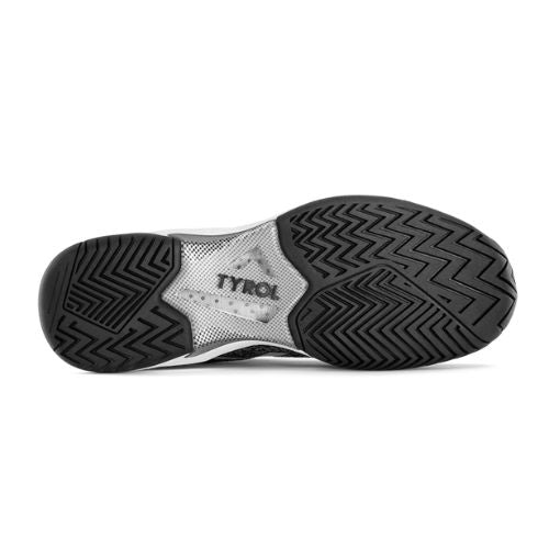 The sole of a Tyrol pickleball shoe features black herringbone tread patterns for lateral stability.